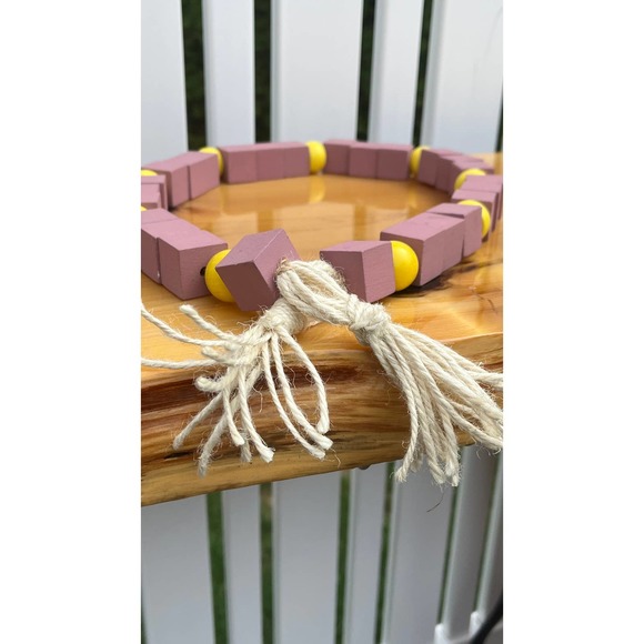 Chunky Wooden Mauve and Yellow Beaded Garland with Jute Tassels - Picture 3 of 10
